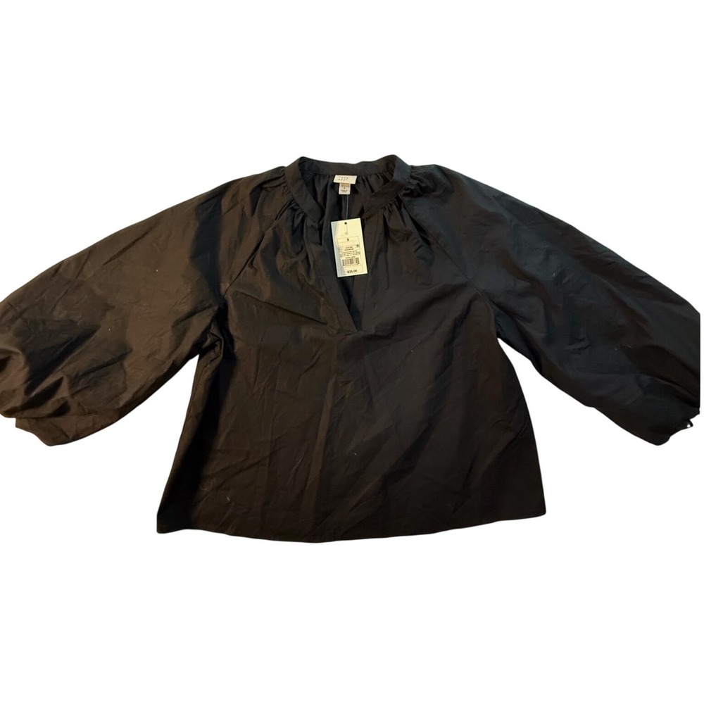 A New Day Womens Black Balloon Sleeve Split Neck Cotton Poplin Blouse Small NWT